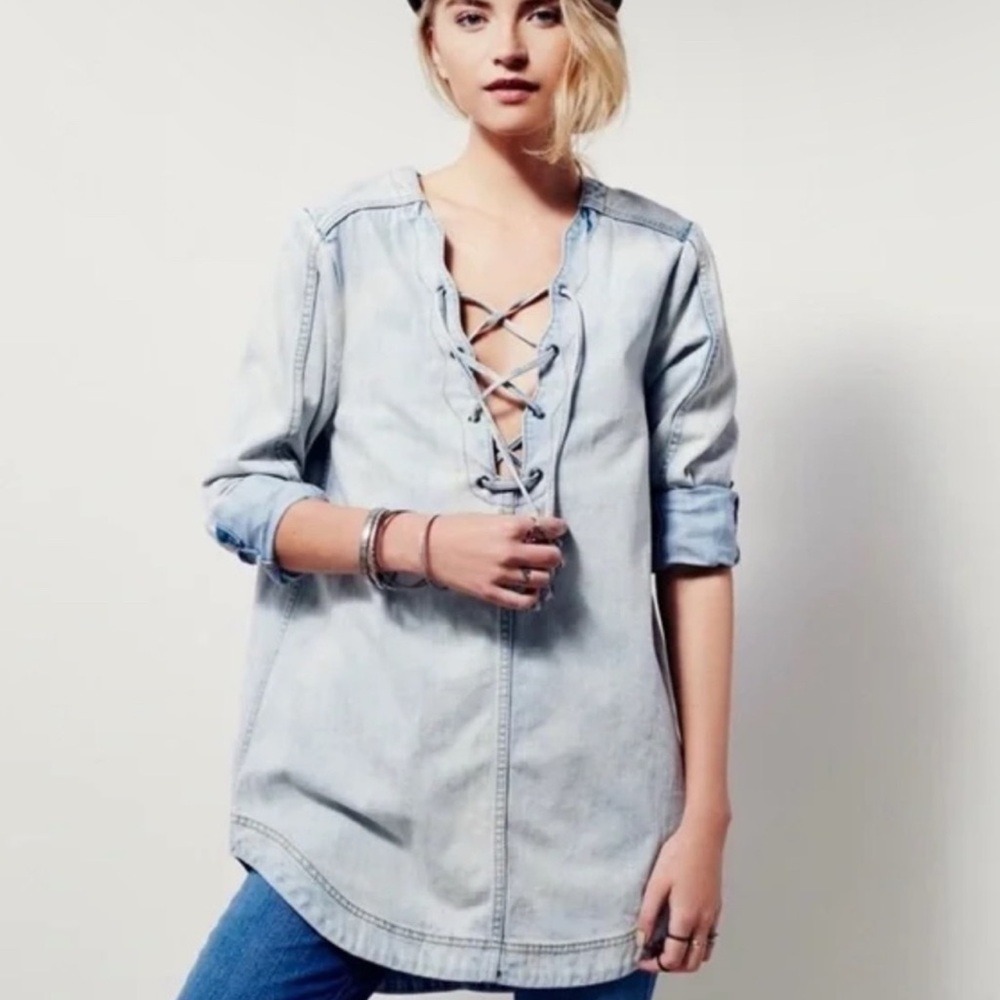 NWT: Free People Dreams Lace up Denim Tunic